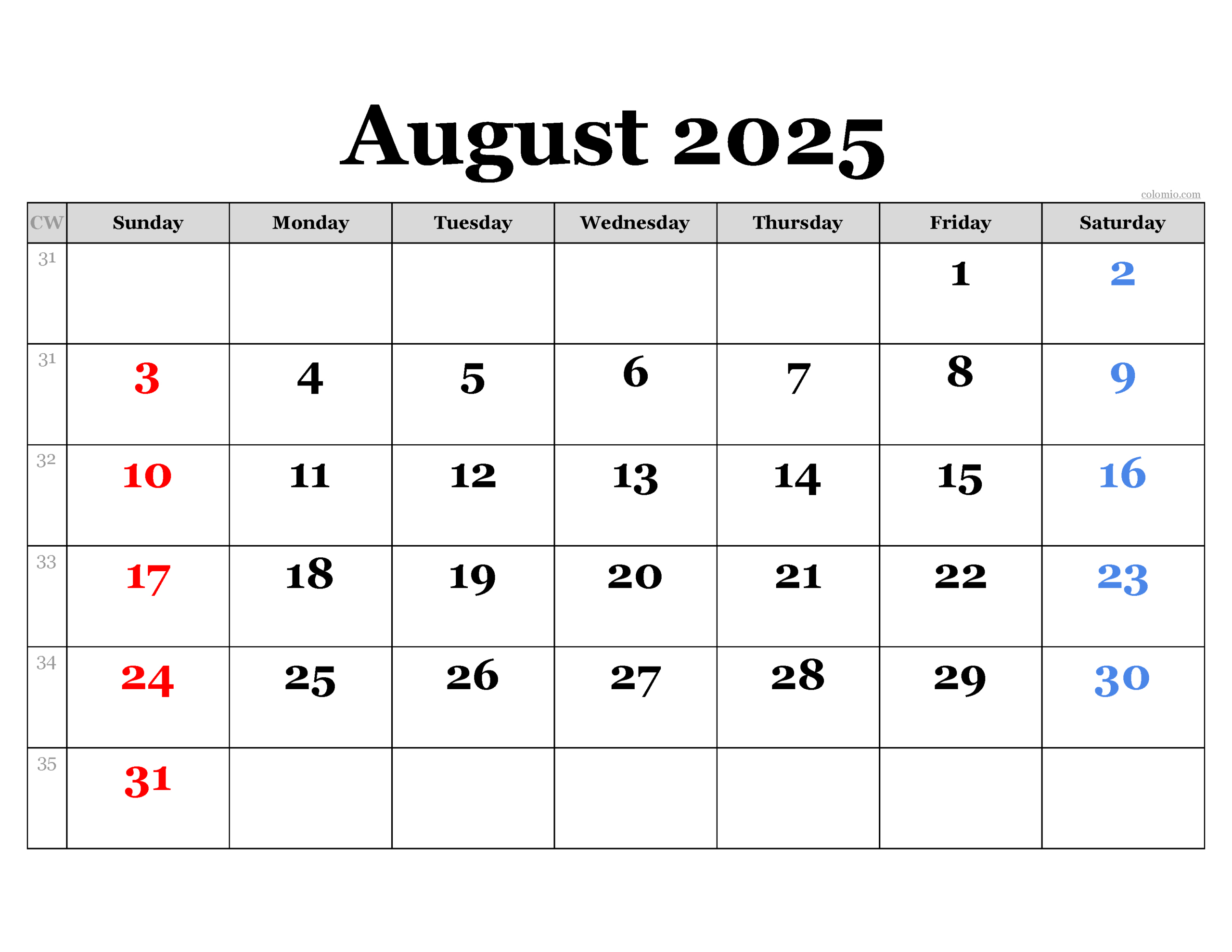 August 2025 Calendar | Free Printable Pdf, Xls And Png - August 2025 Weekly Calendar