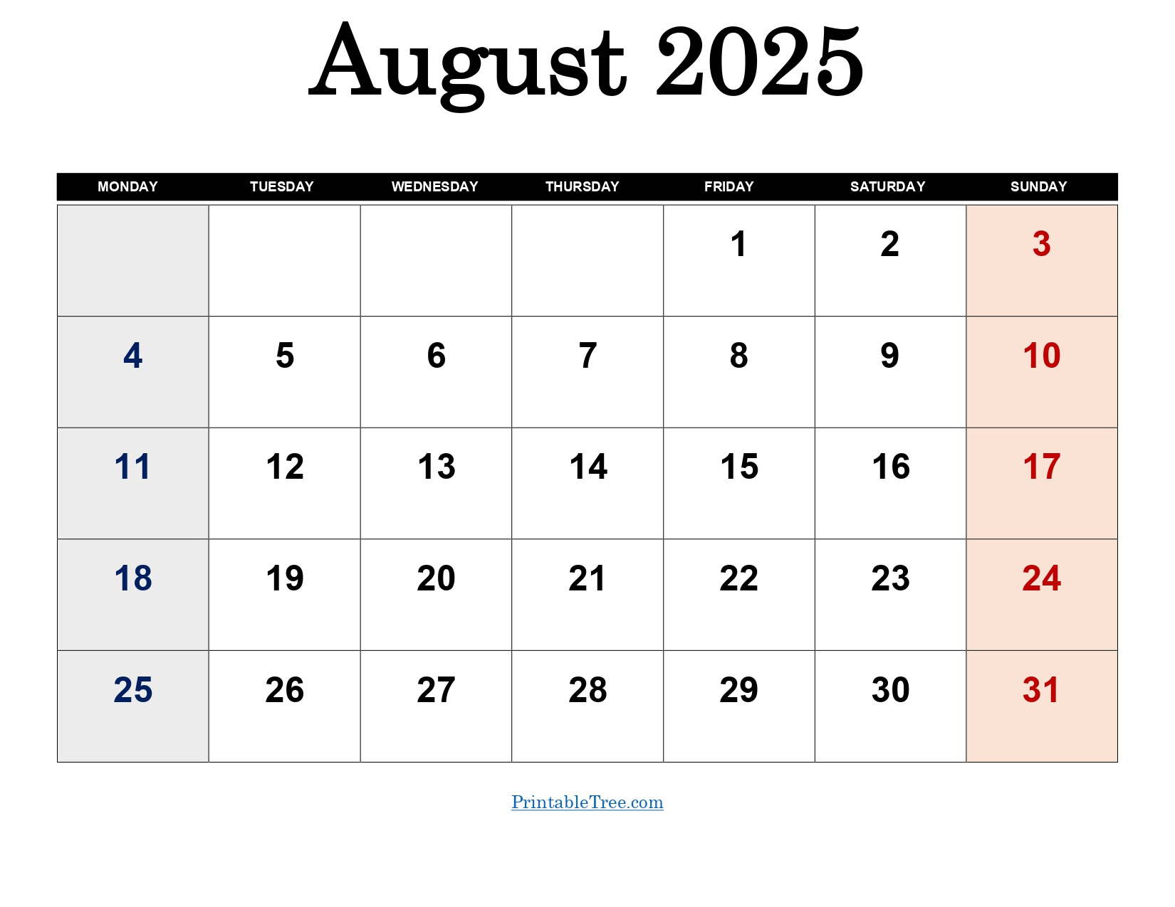 August 2025 Calendar Printable Pdf Template With Holidays - August 2025 Calendar Monday Start
