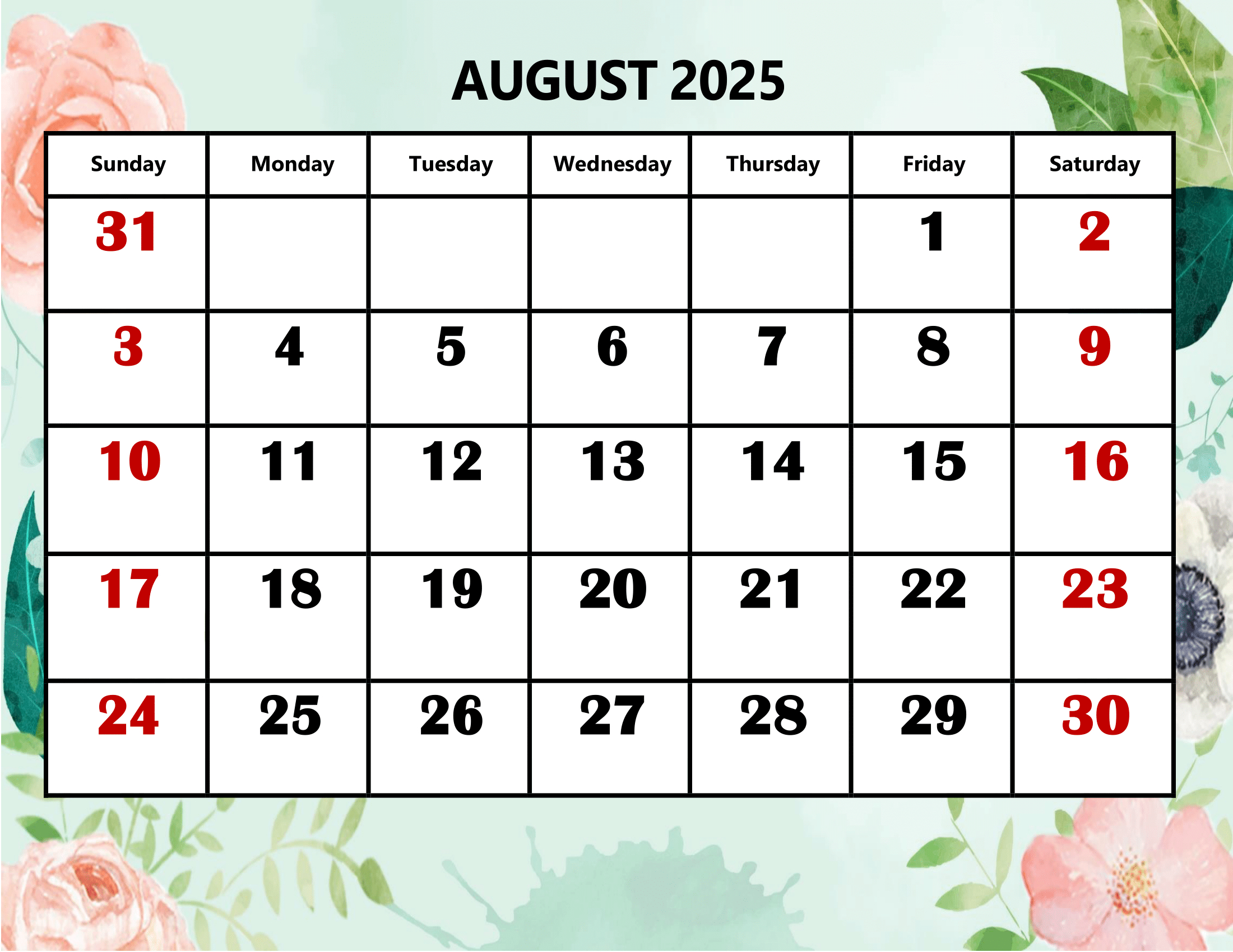 August 2025 Calendar Printable Pdf Template With Holidays - August Calendar 2025 with Holidays Printable
