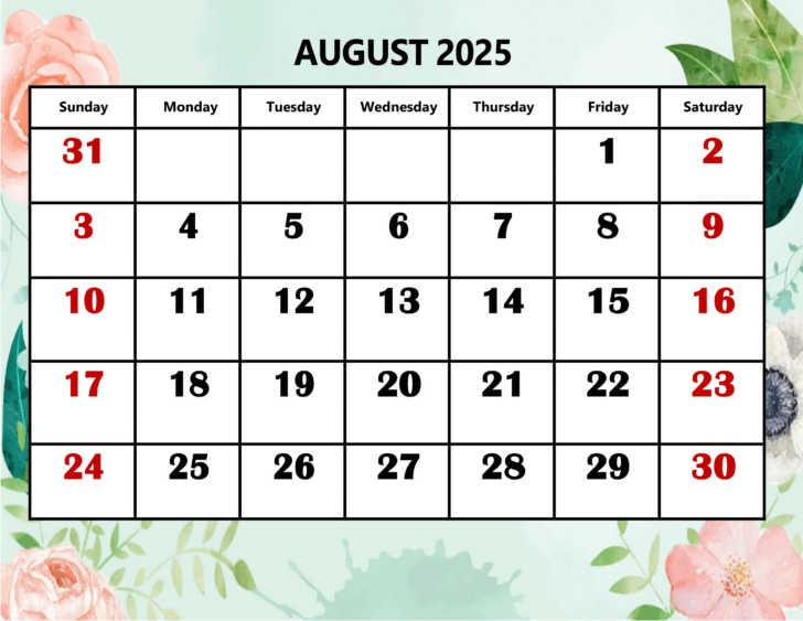 Printable August 2025 Calendar with Holidays