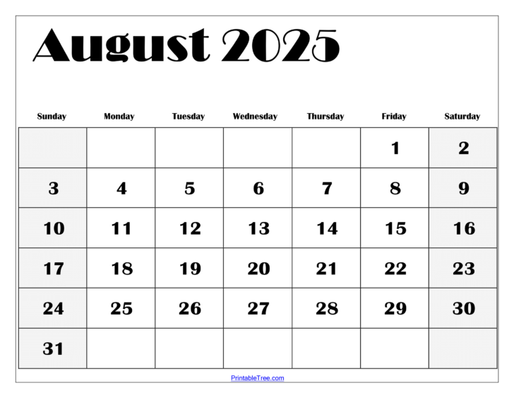 Printable Monthly Calendar 2025 August