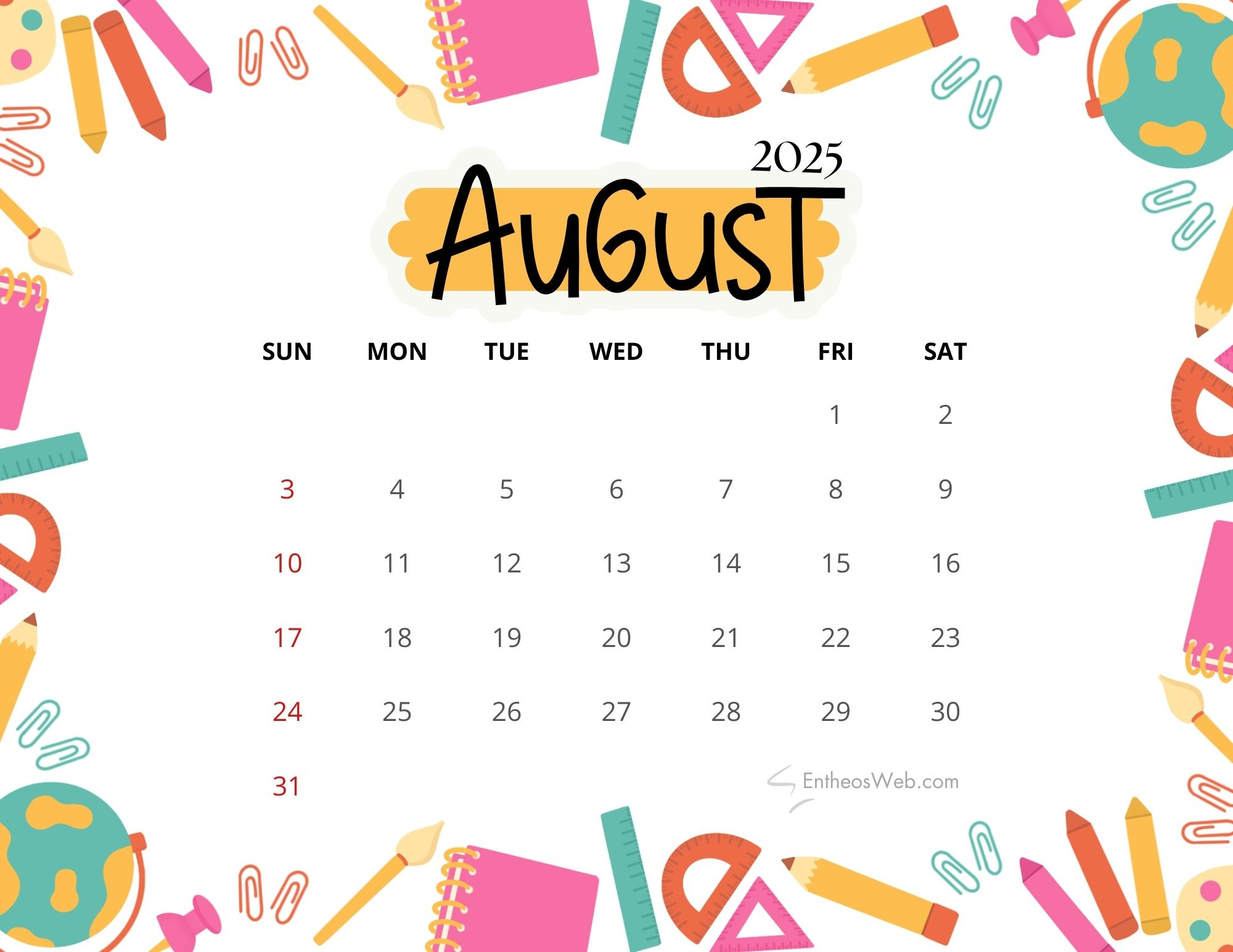August 2025 Calendar Printables | Entheosweb - August Calendar 2025 Cute