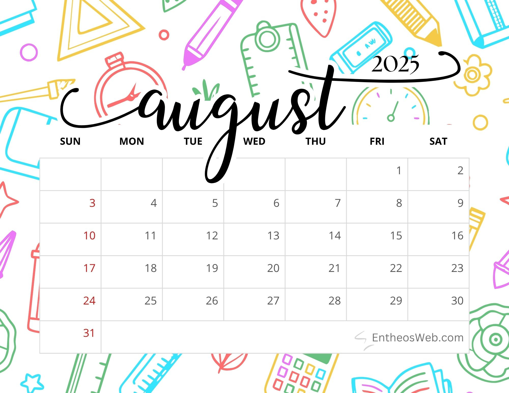 August 2025 Calendar Printables | Entheosweb - August Free Printable Calendar 2025