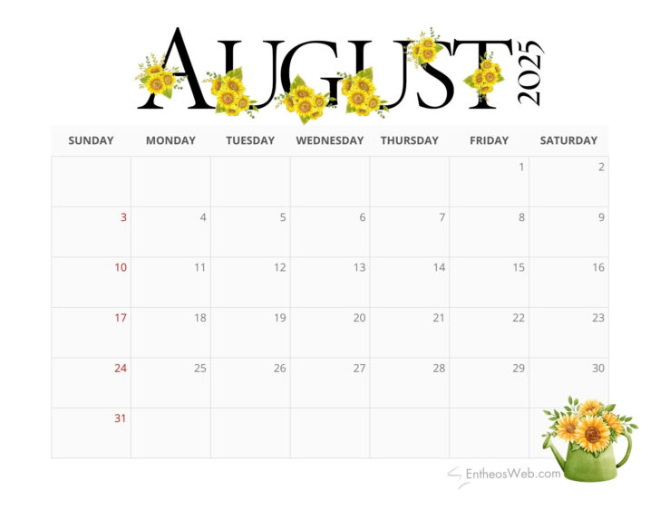 Free August Printable Calendar 2025