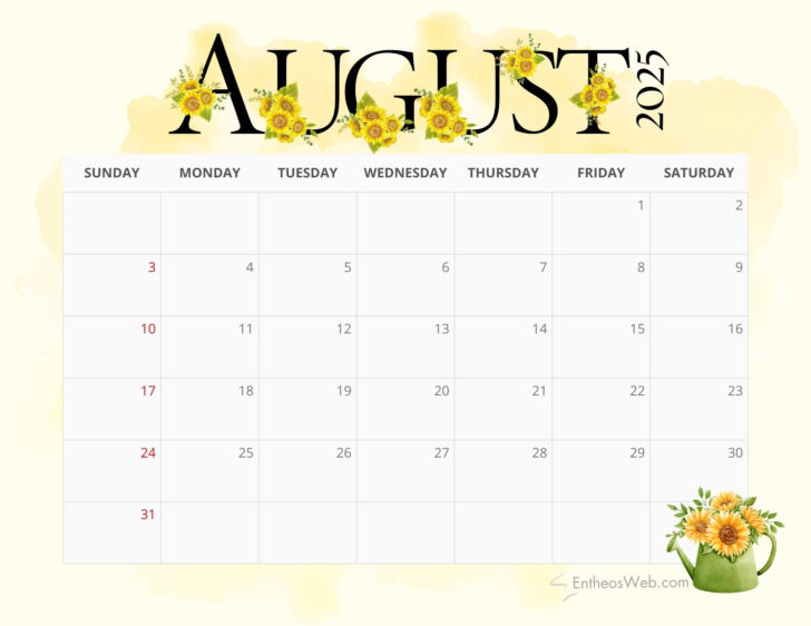 Printable August Calendar 2025 Free