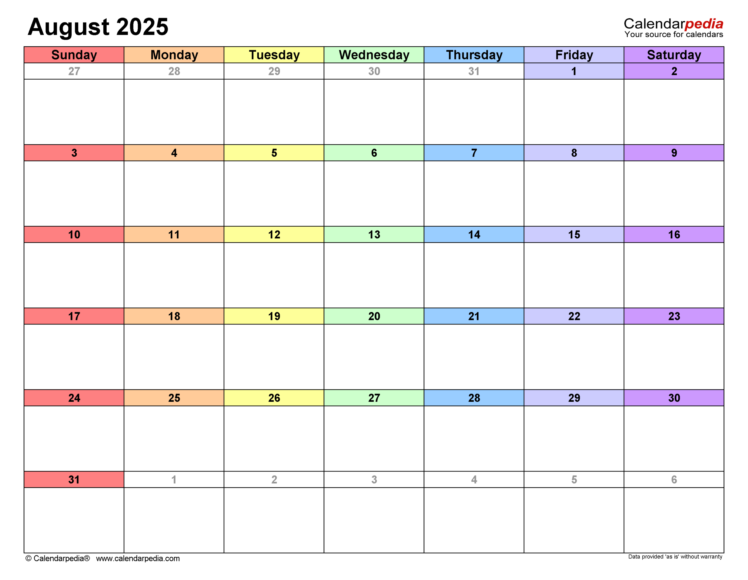 August 2025 Calendar | Templates For Pdf, Excel And Word - August 2025 Calendar Editable Word