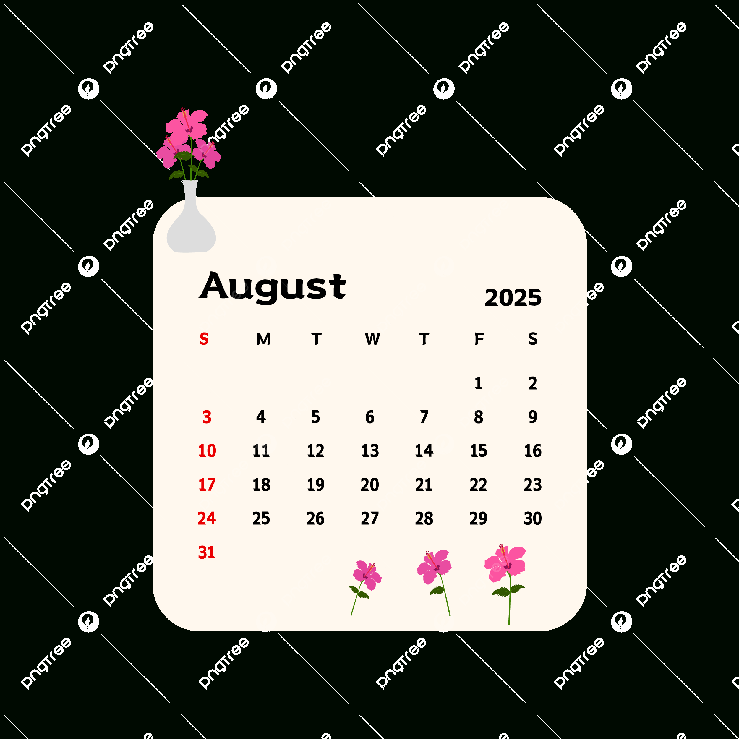 August 2025 Calendar With Cartoon Pink Flowers Vector, Calendar - August 2025 Calendar Clip Art