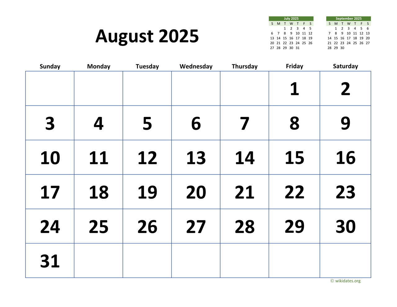 August 2025 Calendar With Extra-Large Dates | Wikidates - August 7 2025 Calendar