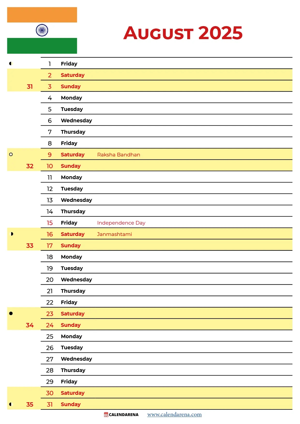 August 2025 Calendar With Holidays India - August 2025 Calendar with Holidays India
