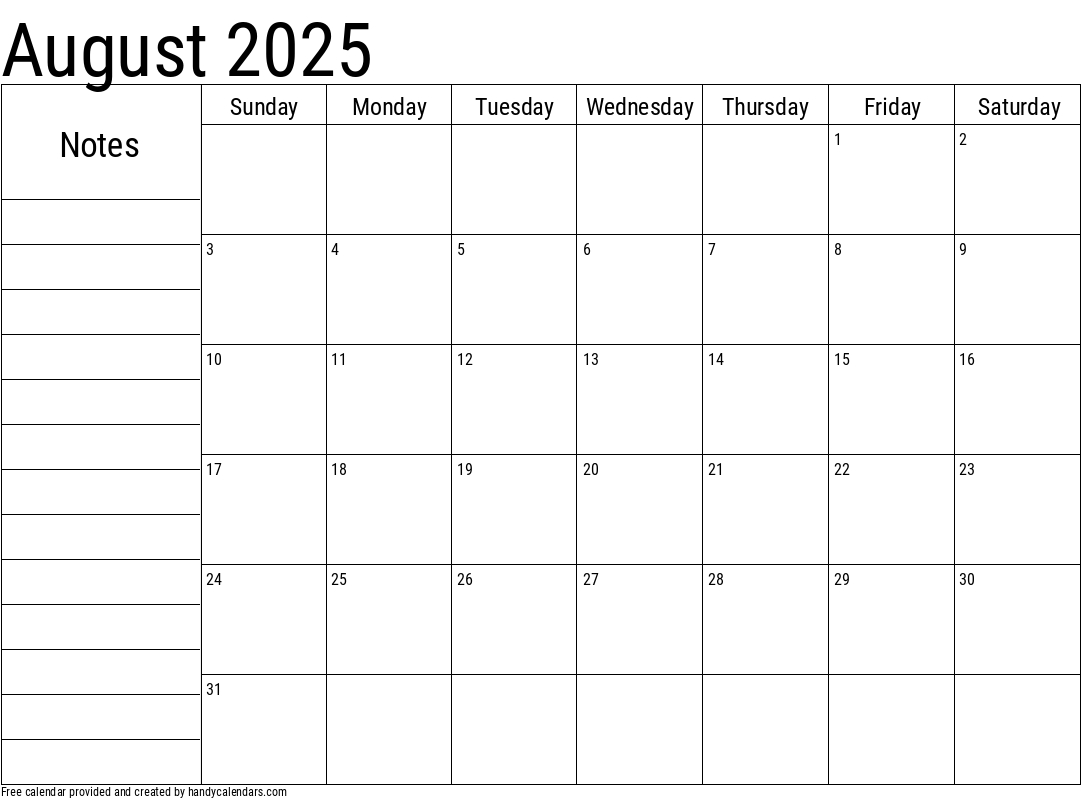 August 2025 Calendar With Notes - Handy Calendars - August 2025 Calendar Printable with Notes