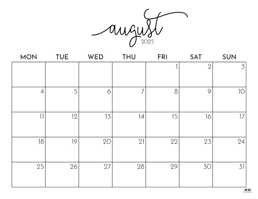 August 2025 Calendars - 107 Free Printables | Printabulls - Show August 2025 Calendar