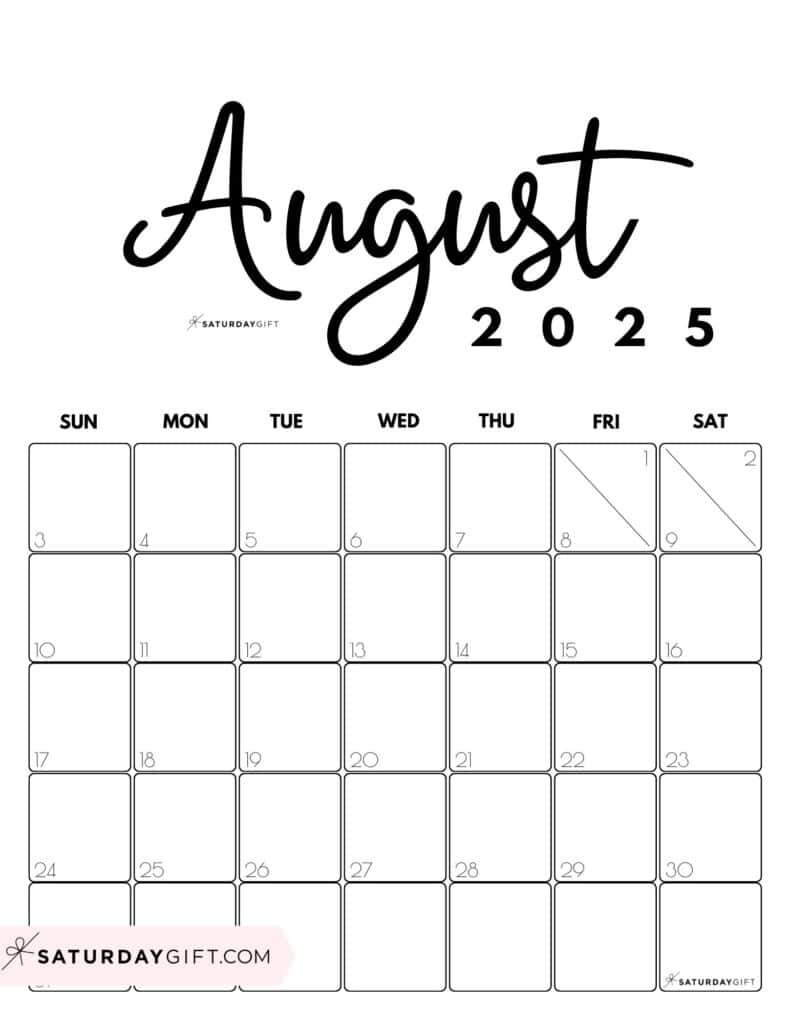 August 2025 Calendars - 23 Cute Free Printable Pdfs | Saturdaygift - August 2025 Calendar Printable Portrait