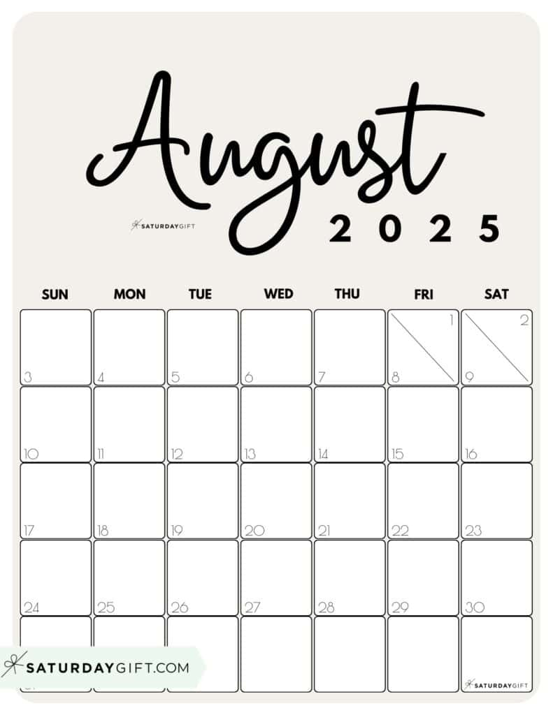 August 2025 Calendars - 23 Cute Free Printable Pdfs | Saturdaygift - August 2025 Vertical Calendar