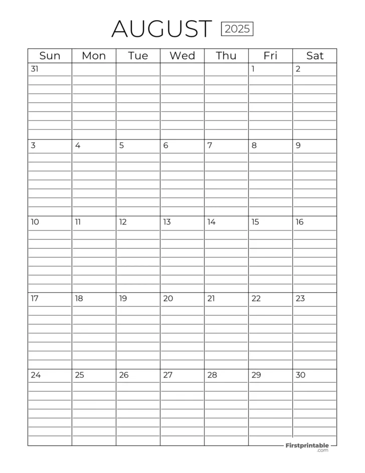 August Calendar 2025 Printable with Lines