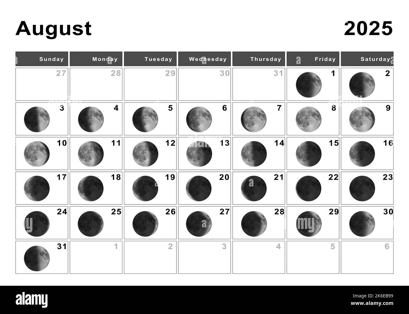 August 2025 Lunar Calendar, Moon Cycles, Moon Phases Stock Photo - Moon Calendar August 2025