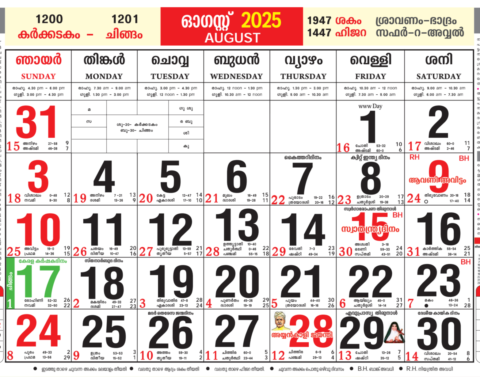 August 2025 Malayalam Calendar All Festivals, Holiday, Tithi - 2025 August Malayalam Calendar