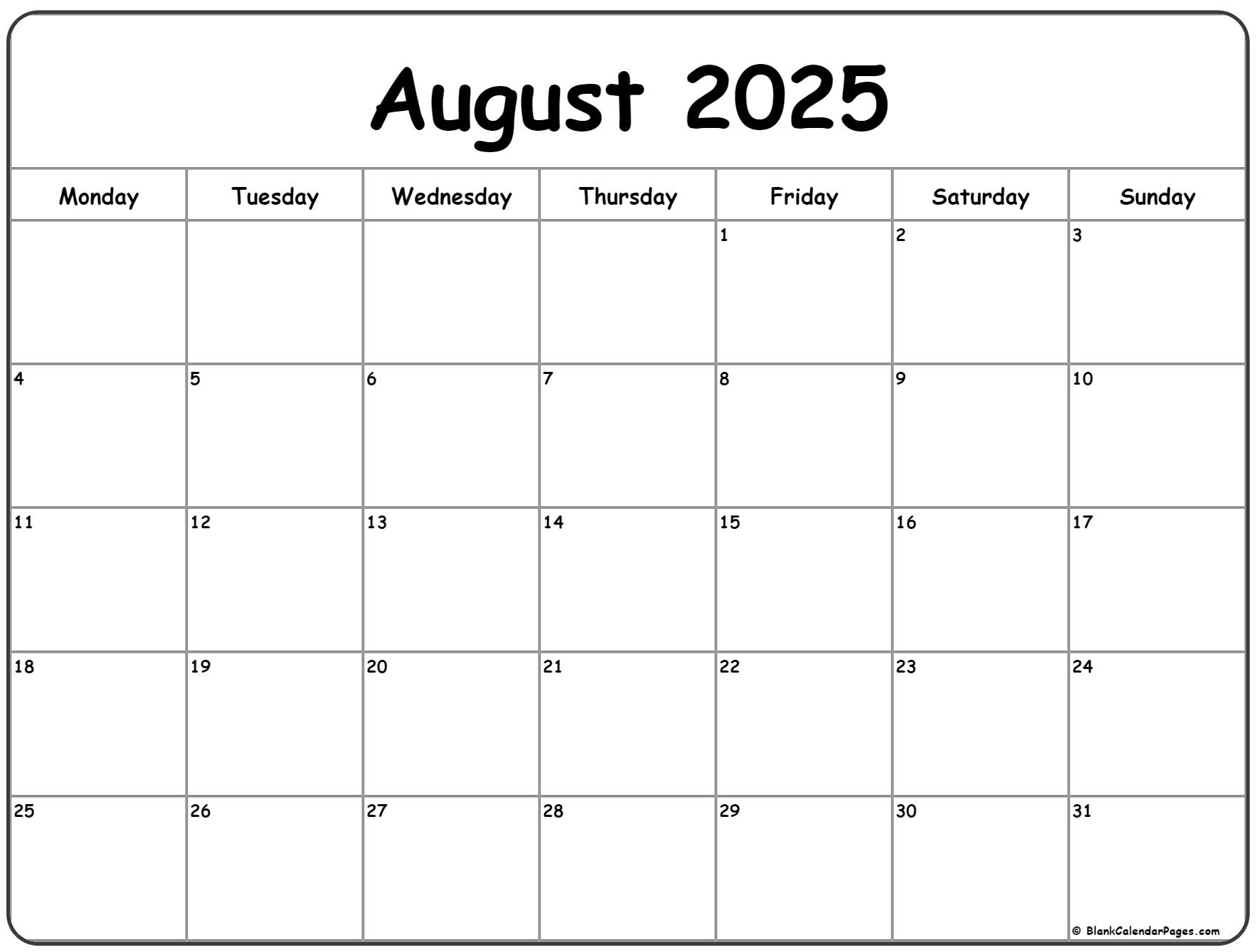 August 2025 Monday Calendar | Monday To Sunday - August 2025 Calendar Monday Start