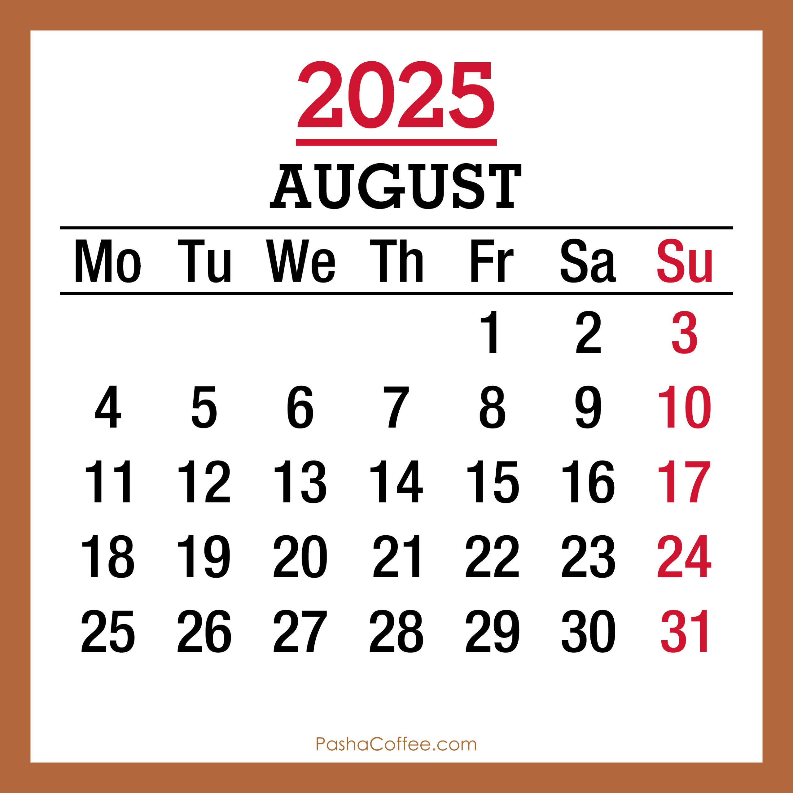 August 2025 Monthly Calendar, Printable Free, Beige, Monday Start - 2025 August Month Calendar