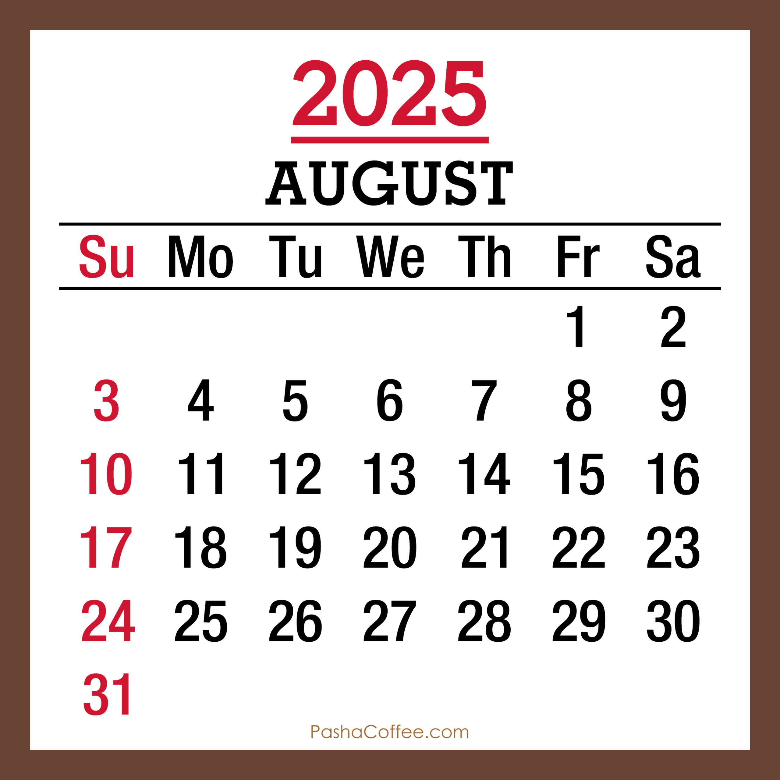 August 2025 Monthly Calendar, Printable Free, Brown, Sunday Start - August 30 2025 Calendar