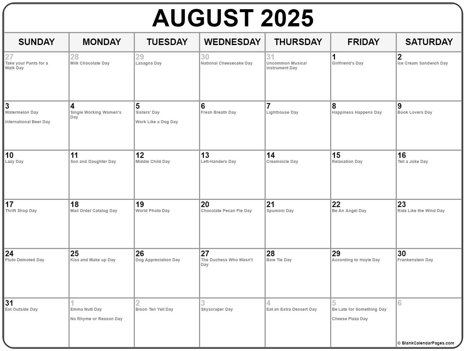 August 2025 With Holidays Calendar - National Day Calendar For August 2025
