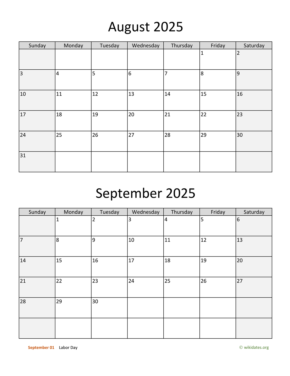 August And September 2025 Calendar | Wikidates - Calendar of August and September 2025