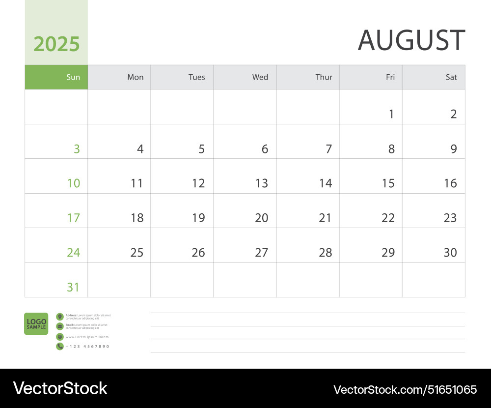 August Design Planner Desk Calendar 2025 Vector Image - Flip Calendar Starting From August 2025