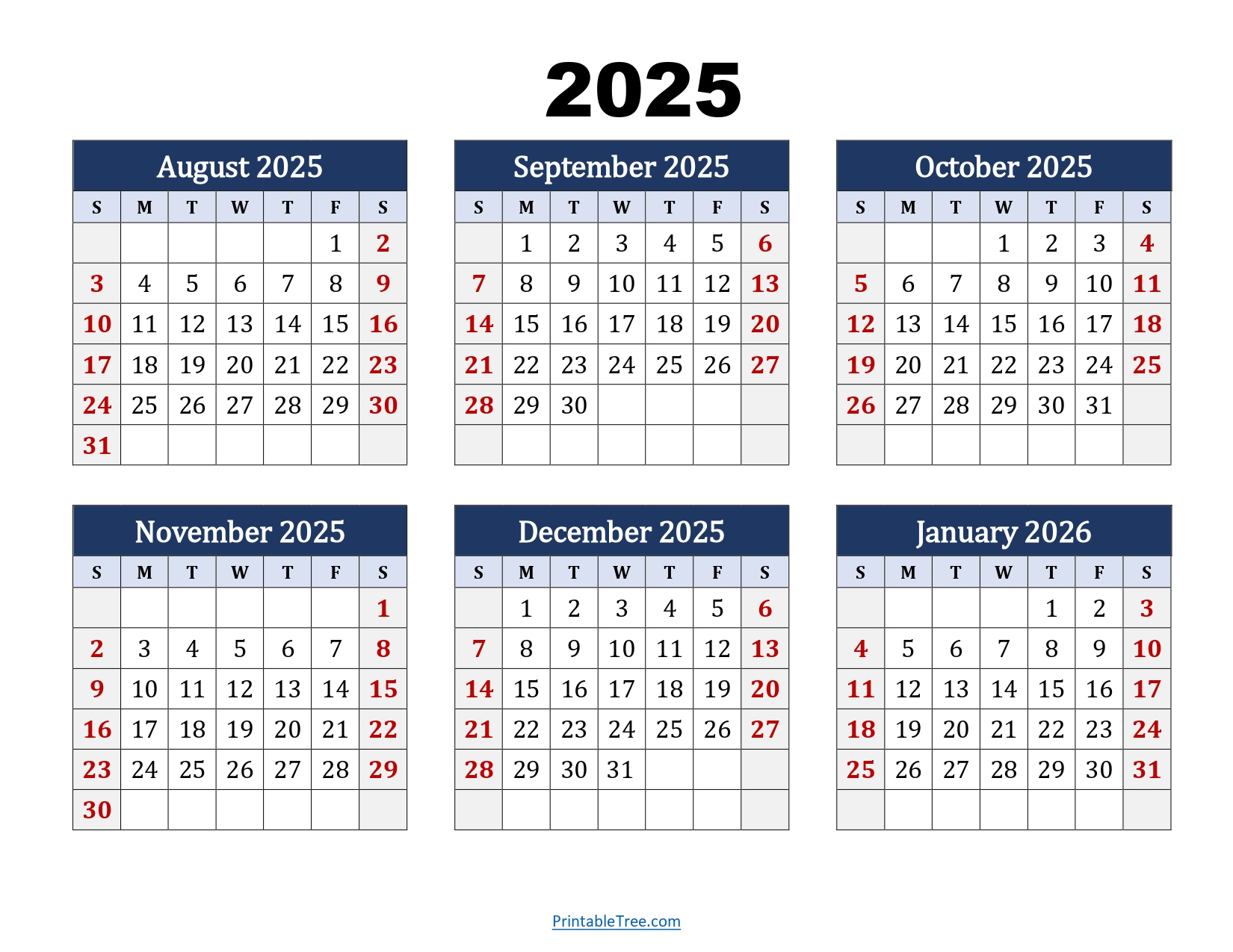 August To January 2026 Calendar Printable Pdf | Six Months Calendar - August 2025 To August 2026 Calendar Printable