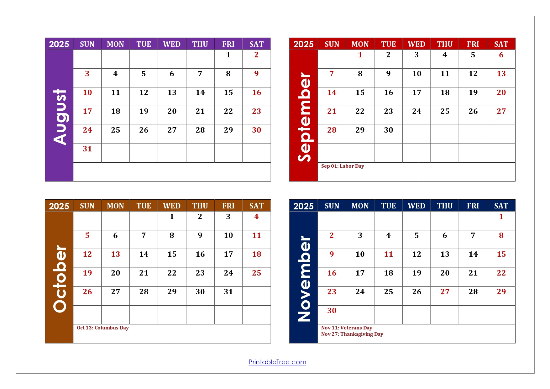 August To November 2025 Calendar Printable Pdf | Four Months Calendar - August September October November 2025 Calendar
