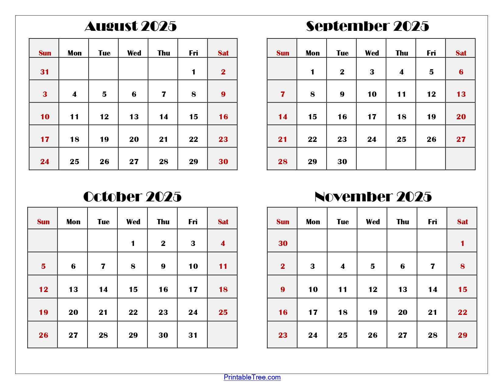 August To November 2025 Calendar Printable Pdf | Four Months Calendar - August September October November 2025 Calendar