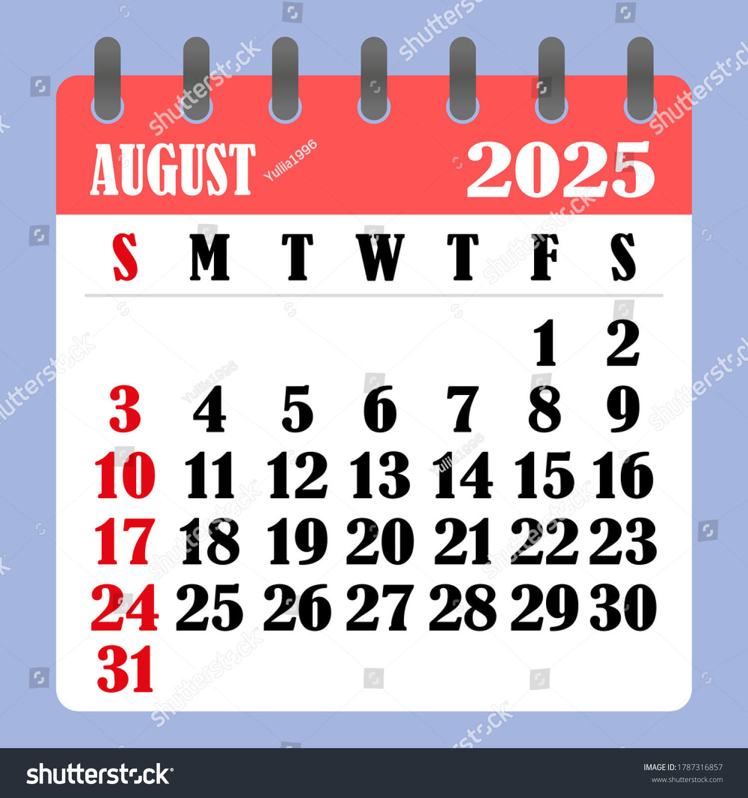 Briefkalender Für August 2025. Die Woche: Stock-Vektorgrafik - August 5 2025 Calendar