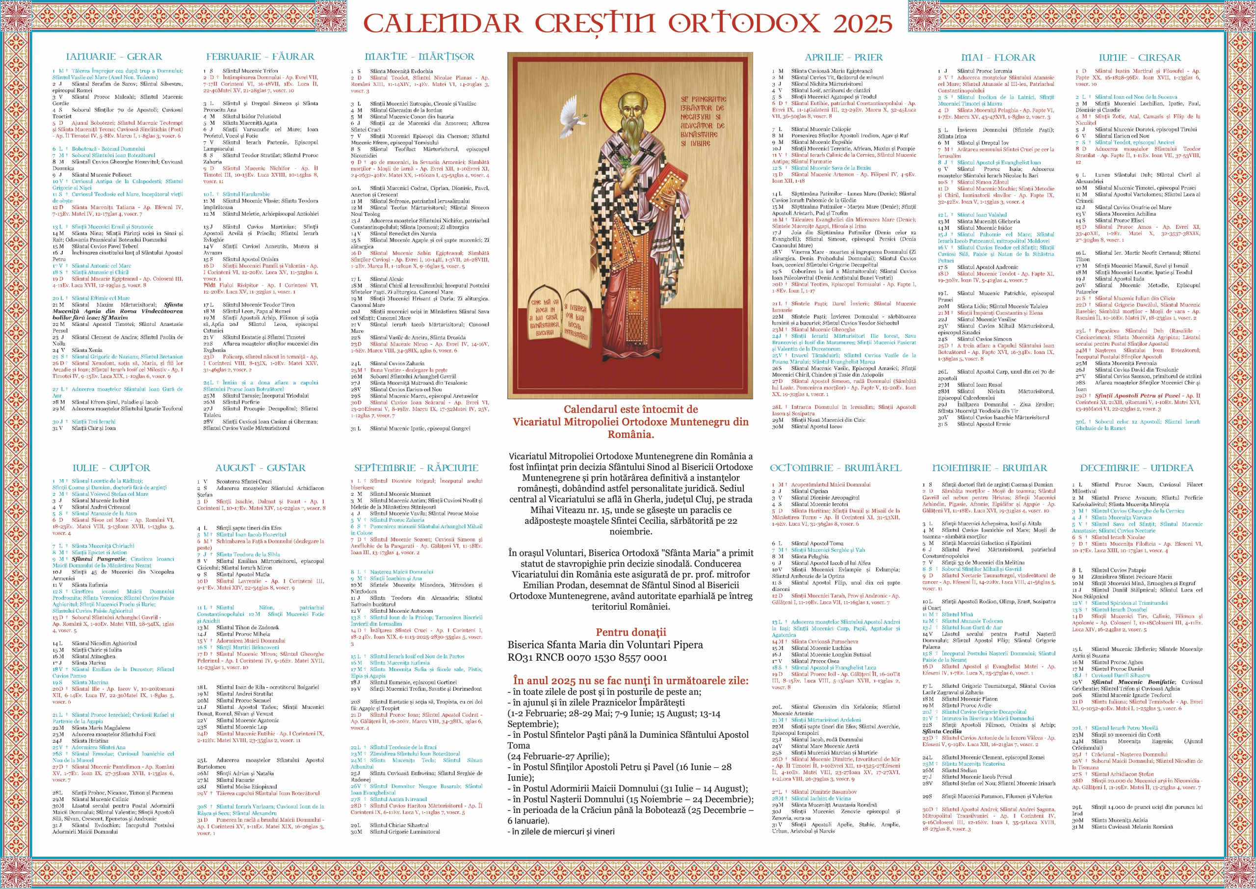 Calendar 2025 - Istoria Bisericii Ortodoxe Muntenegrene - Calendar Ortodox August 2025