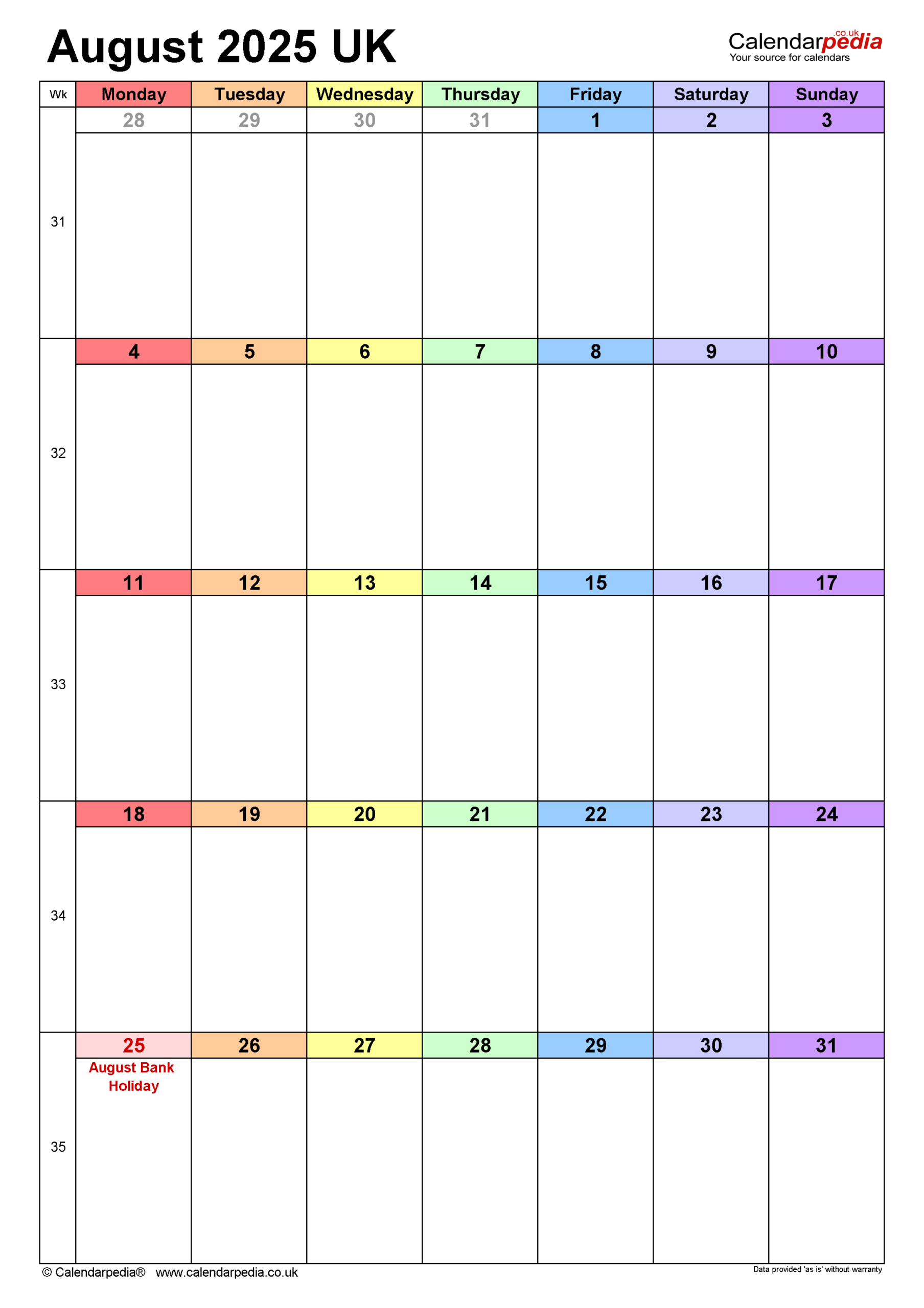 Calendar August 2025 Uk With Pdf, Excel And Word Templates - August 2025 Calendar Printable Word