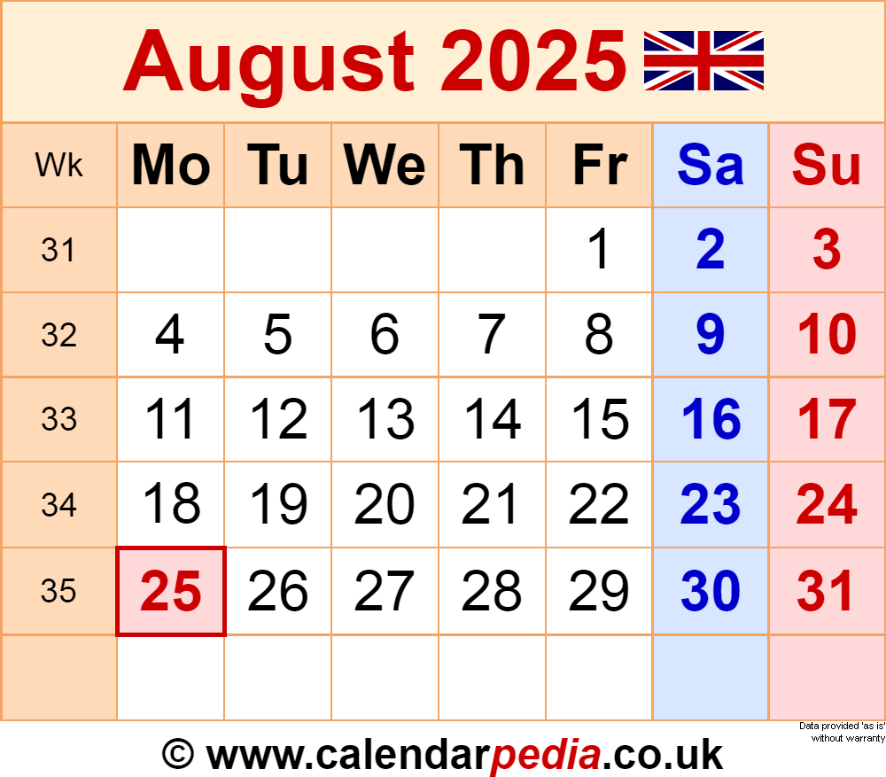 Calendar August 2025 Uk With Pdf, Excel And Word Templates - August 7 2025 Calendar