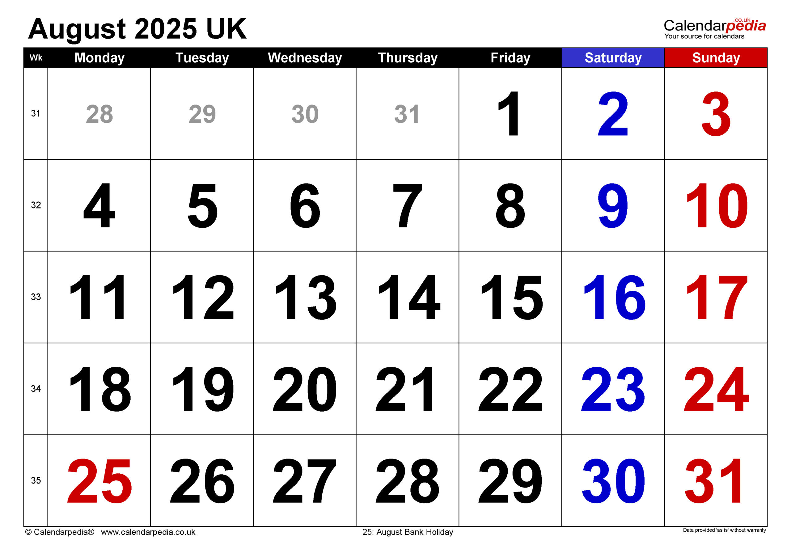 Calendar August 2025 Uk With Pdf, Excel And Word Templates - Calendar For August 2025