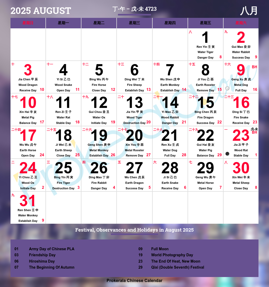 Chinese Calendar 2025, August | 十一月 2025 - Lunar Calendar August 2025