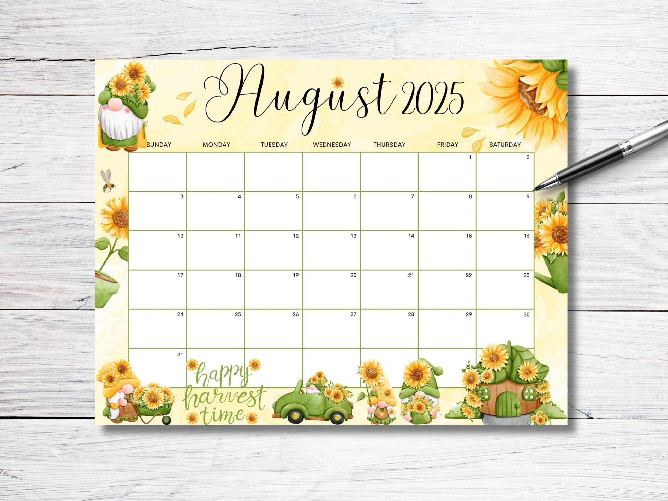 Editable August 2025 Calendar, Sunflower Gnome Garden Planner - Editable August Calendar 2025