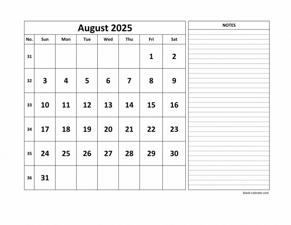 Free Download Printable August 2025 Calendar, Large Space For - August 2025 Calendar Printable with Notes