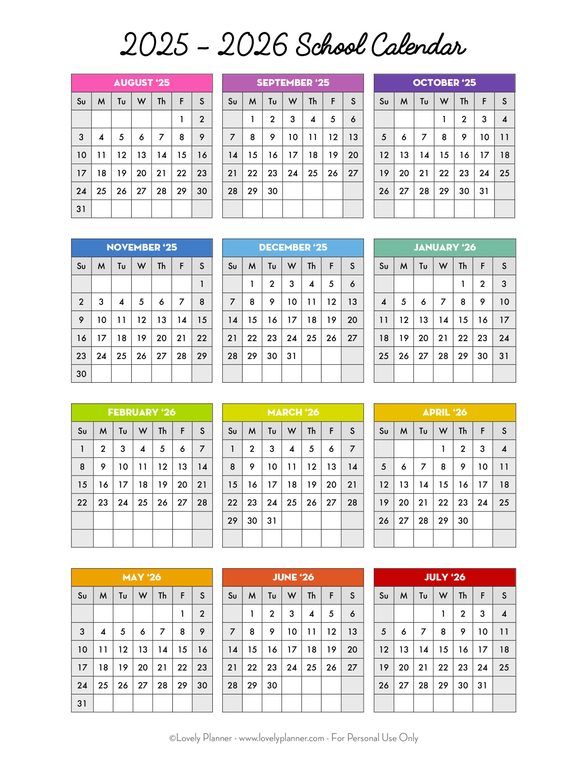 Free Printable 2025-2026 School Calendar - One Page Academic - Free Printable Calendar August 2025 - June 2026