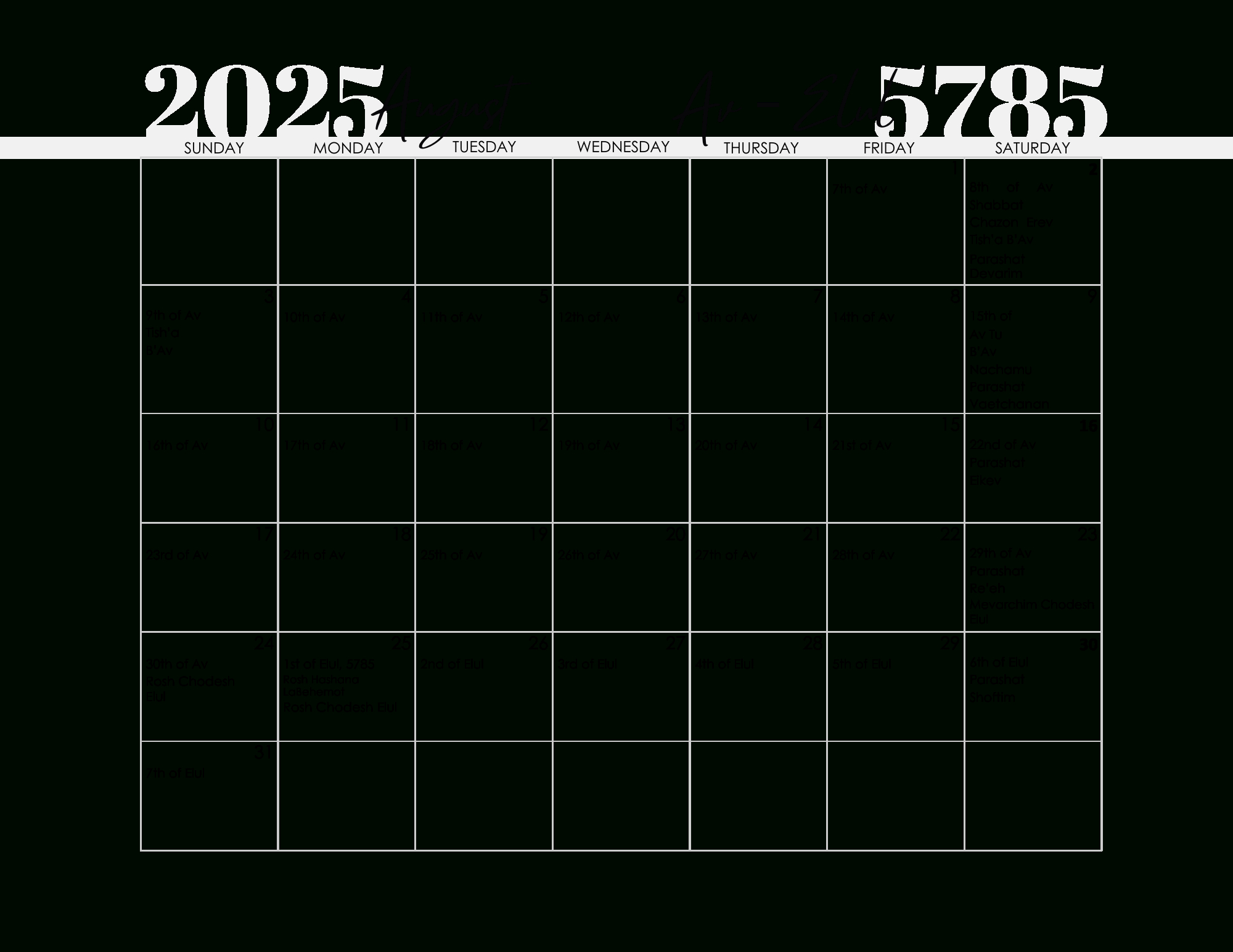 Free Printable Jewish Calendar 2024 And 2025 - August in Hebrew Calendar 2025