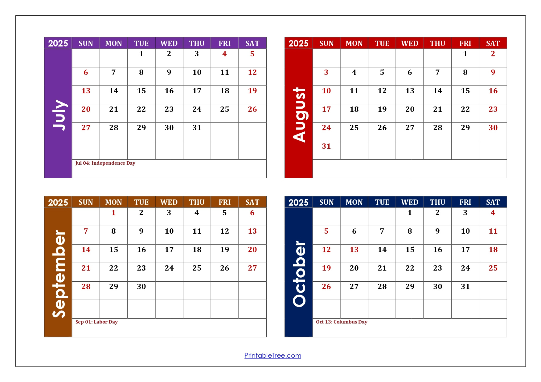 July To October 2025 Calendar Printable Pdf | Four Months Calendar - August to October 2025 Calendar Printable