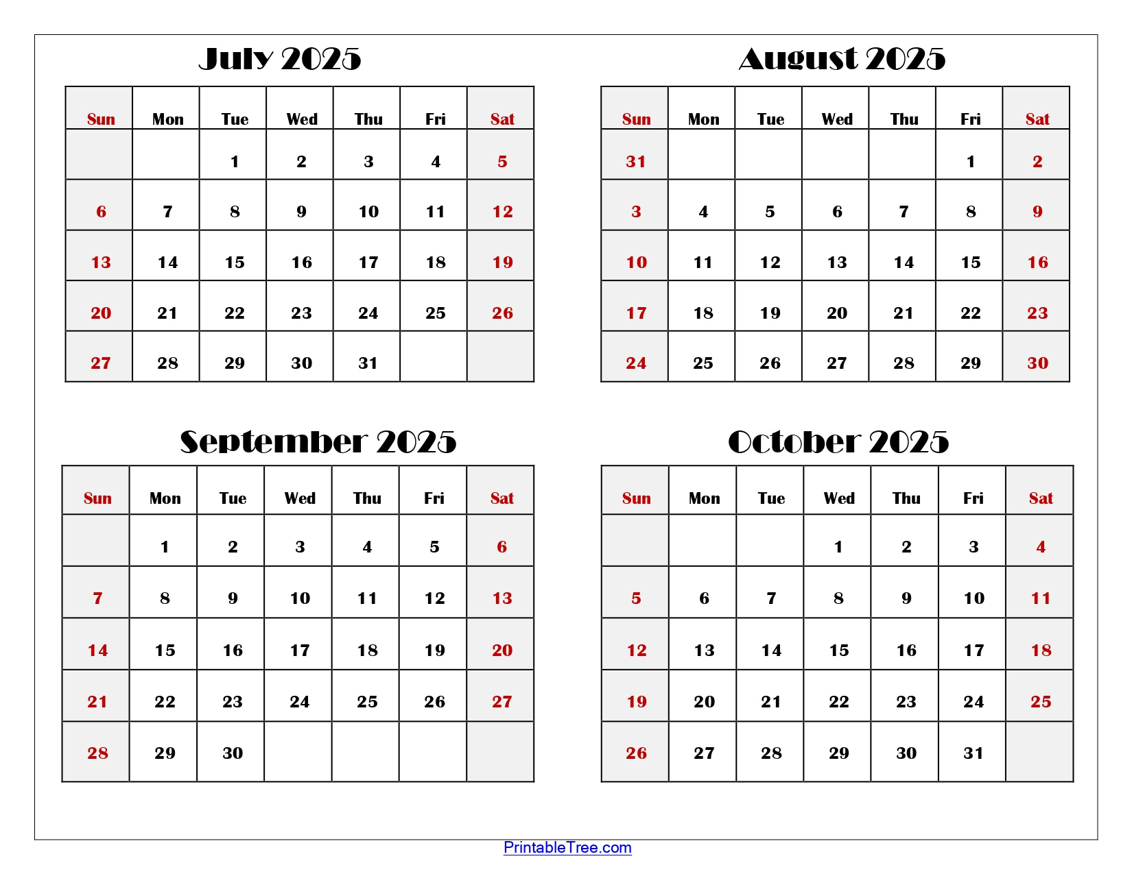 July To October 2025 Calendar Printable Pdf | Four Months Calendar - August To October 2025 Calendar Printable