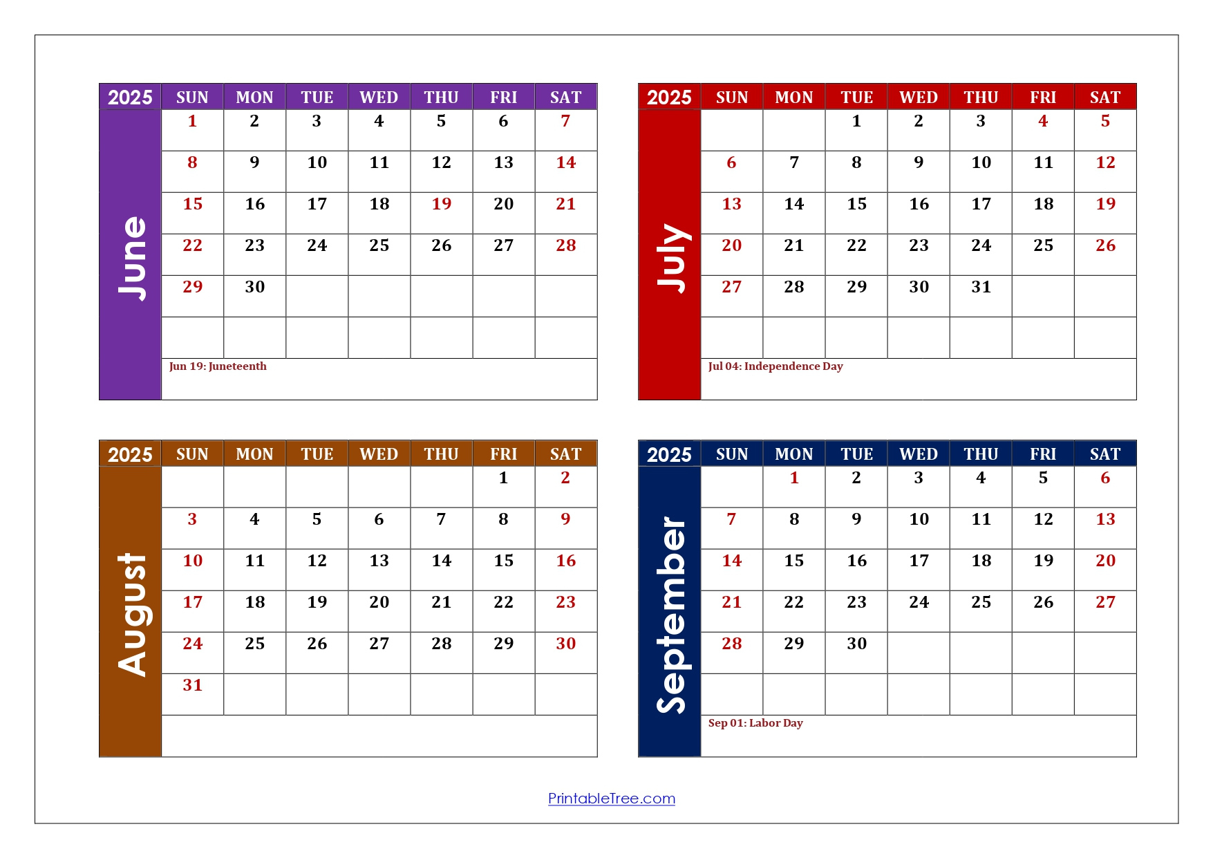 June To September 2025 Calendar Printable Pdf | Four Months Calendar - June August 2025 Calendar