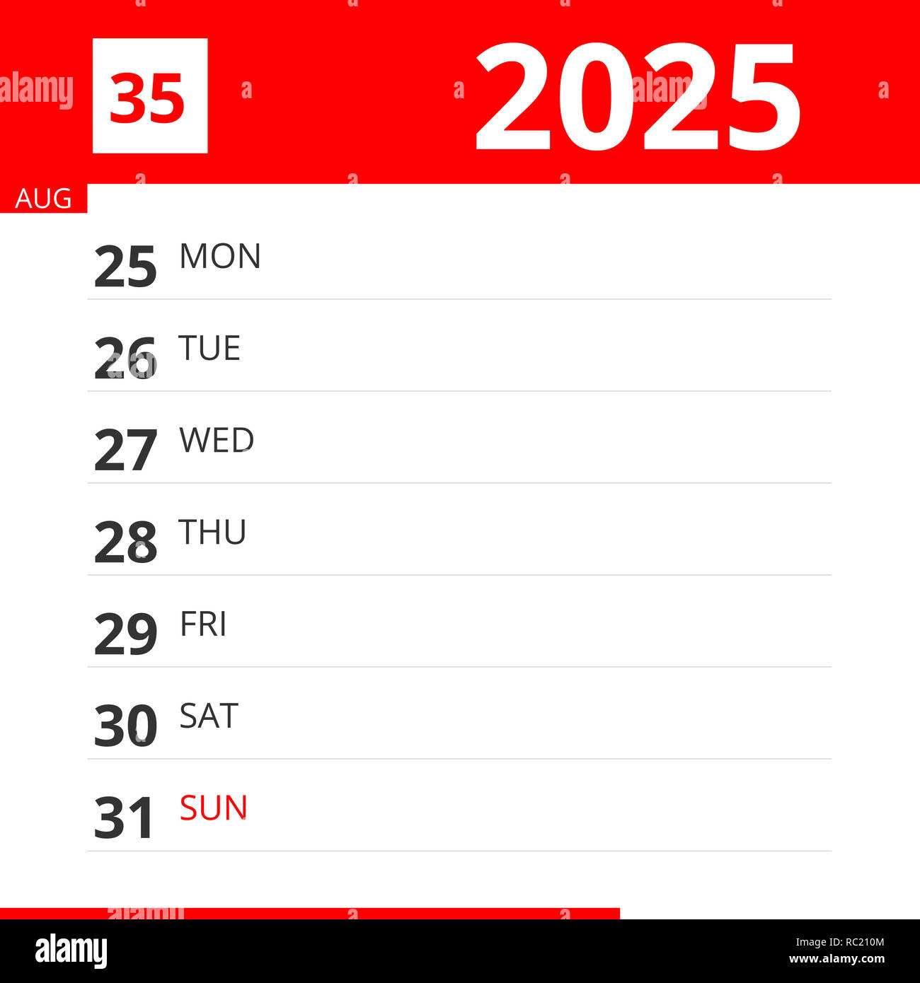 Kalender Planer Für Woche 35 Im Jahr 2025, Endet Am 31. August - August 31 2025 Calendar