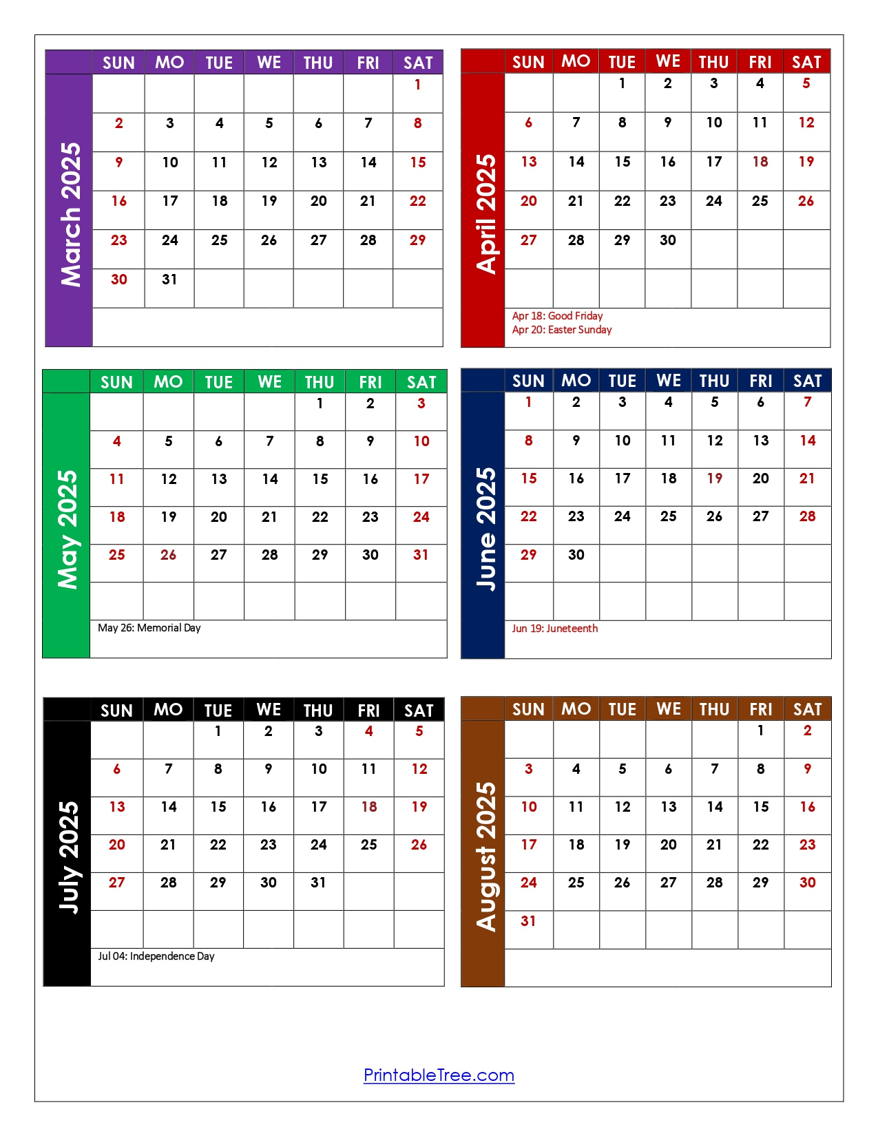 March To August 2025 Calendar Printable Pdf | Six Months Calendar - August 6 2025 Calendar