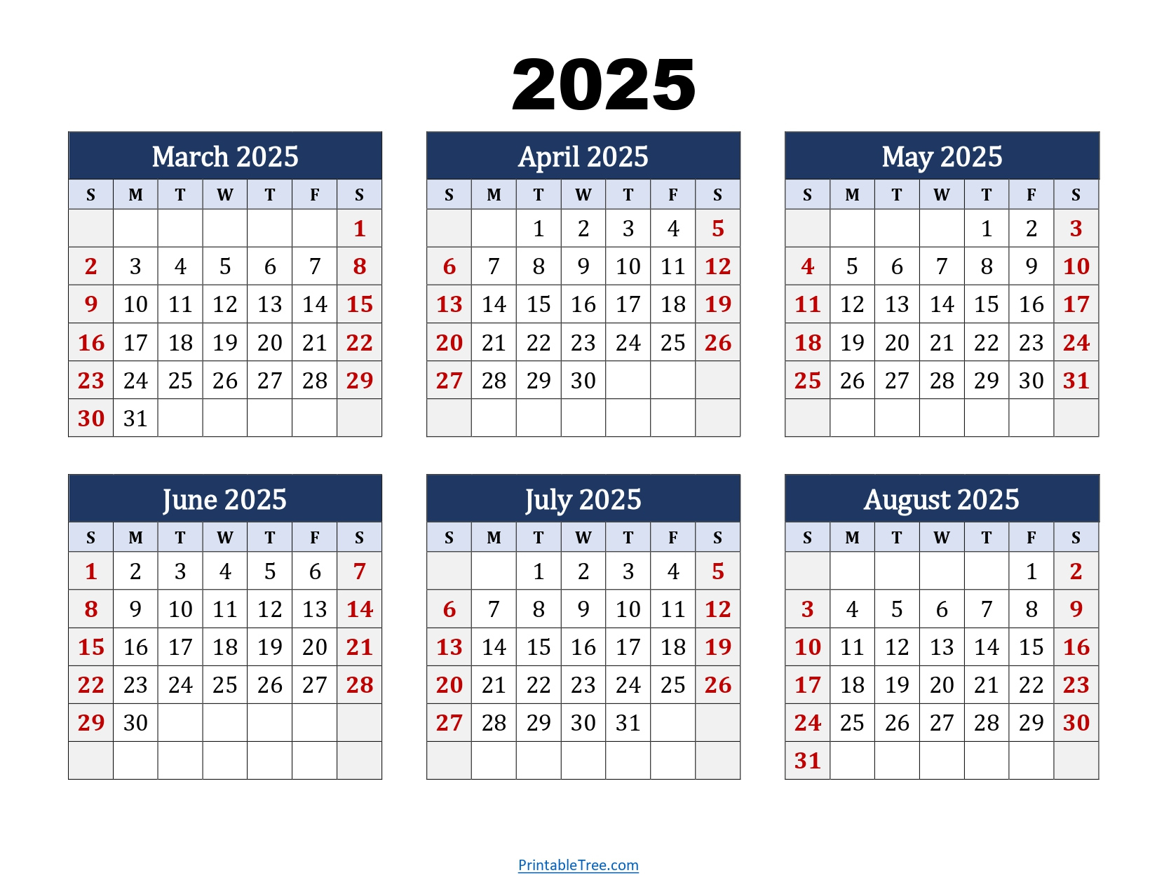 March To August 2025 Calendar Printable Pdf | Six Months Calendar - August 7 2025 Calendar