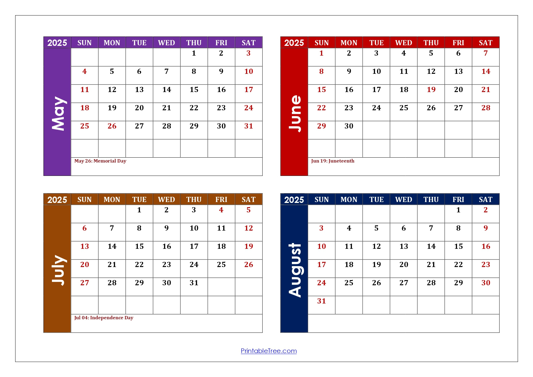 May To August 2025 Calendar Printable Pdf | Four Months Calendar - May Through August 2025 Calendar