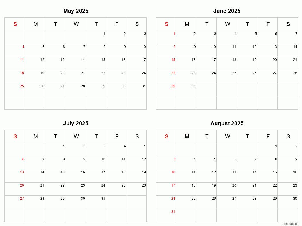 May To August 2025 Printable Calendar | Four Months Per Page - May August 2025 Calendar