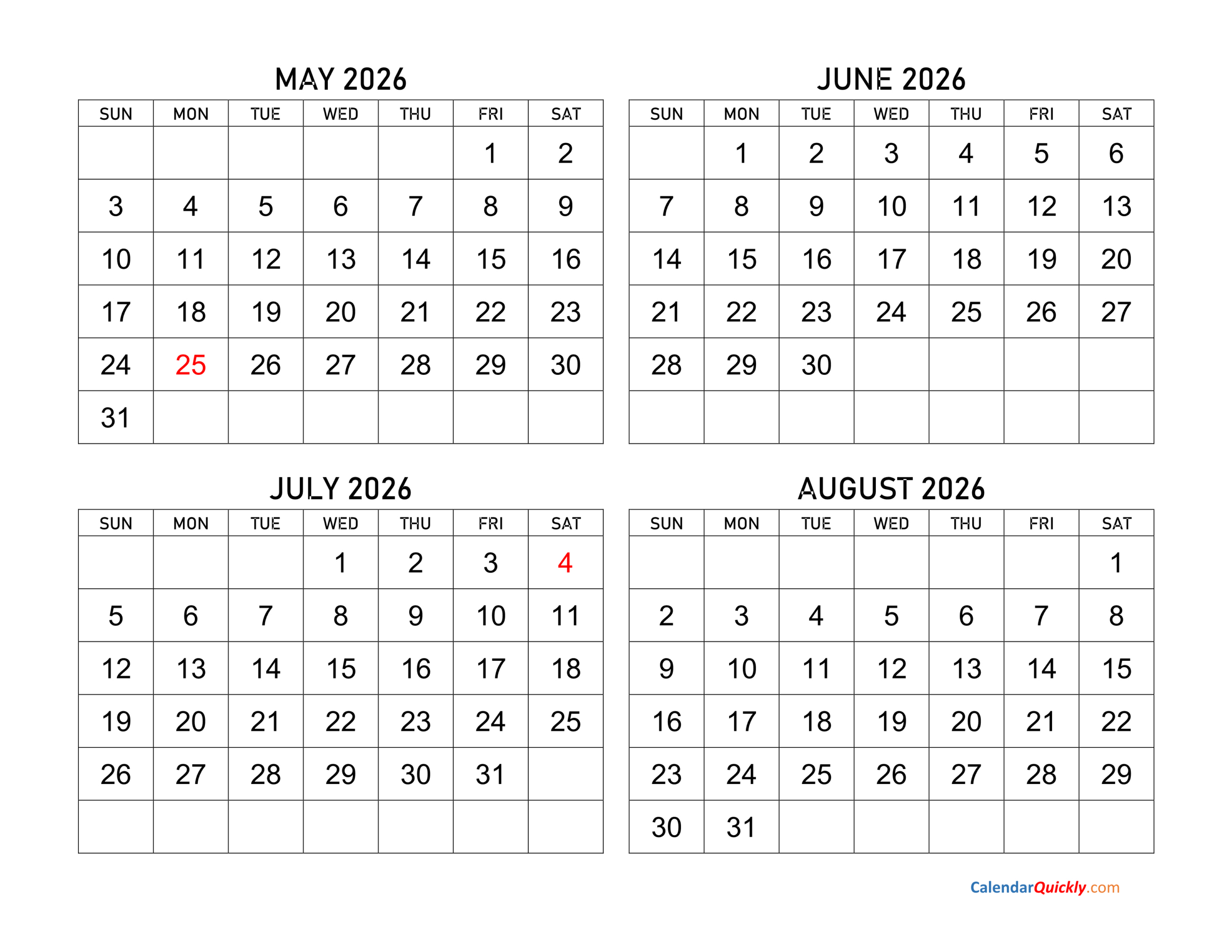 May To August 2026 Calendar | Calendar Quickly - August 2025 - May 2026 Calendar