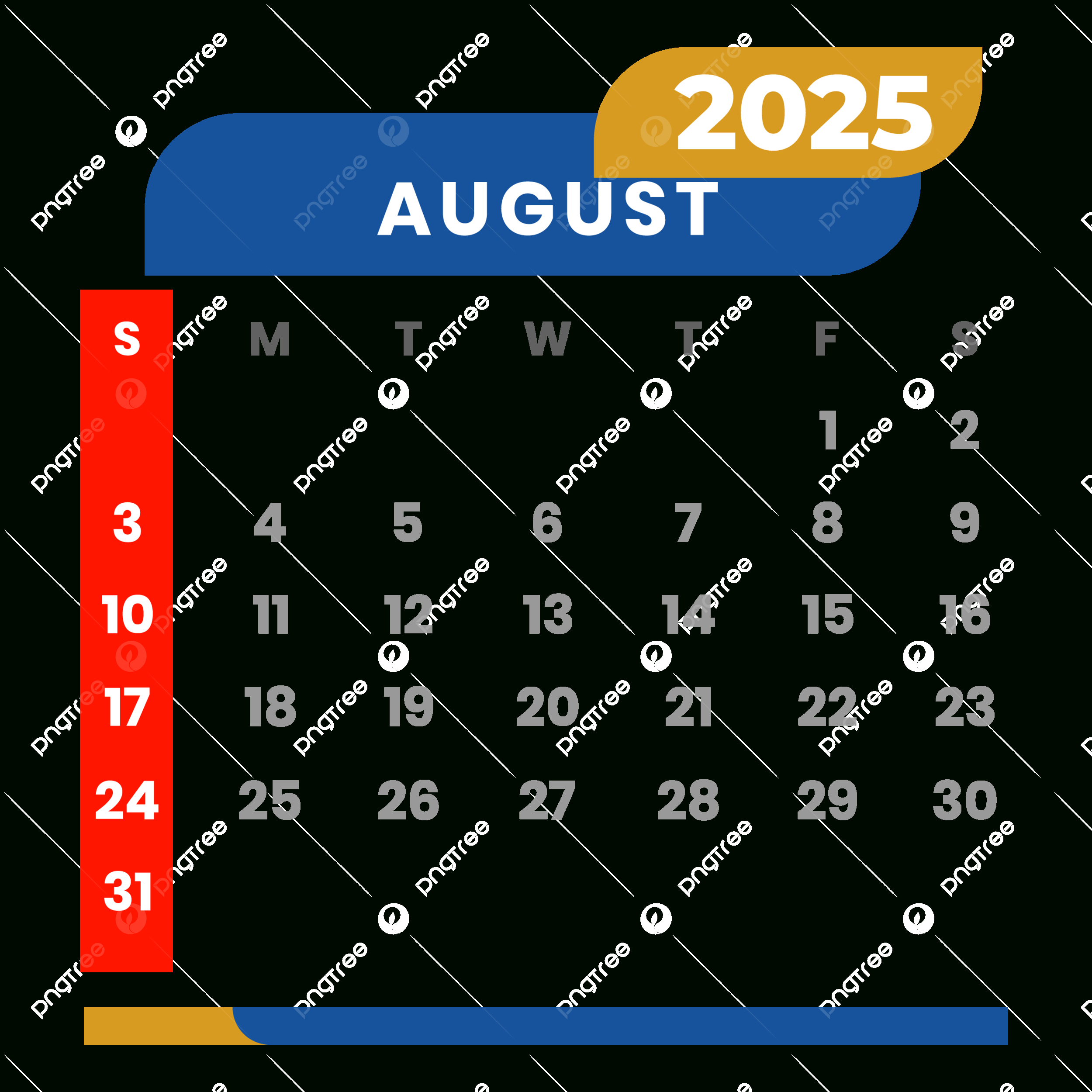Monthly Calendar August 2025 Clipart Vector, Monthly Calendar - August 2025 Calendar Transparent Background