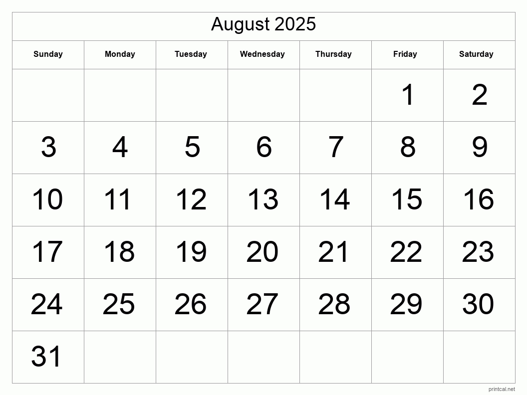 Printable August 2025 Calendar - Big Dates - August 14 2025 Calendar